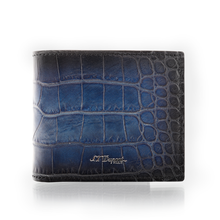 Load image into Gallery viewer, Front panel view of the black and blue wallet.
