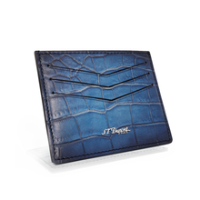 Load image into Gallery viewer, Angled front panel view of a blue leather card case.