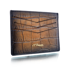 Load image into Gallery viewer, Angled front panel view of the light and dark brown card case.