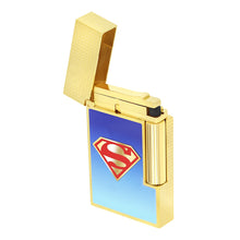 Load image into Gallery viewer, Angled front view of the Superman lighter, opened.