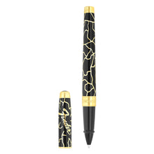 Load image into Gallery viewer, Front view of the black rollerball pen with the cap set to the side.