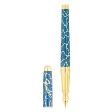 Load image into Gallery viewer, Front view of the blue fountain pen with the cap set to the side.