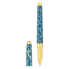 Load image into Gallery viewer, Front view of the blue rollerball pen with the cap set next to it.
