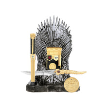Load image into Gallery viewer, The throne, lighter, pen and coin set on a white background.