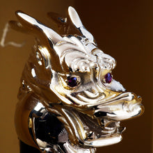 Load image into Gallery viewer, Gold dragon head sculpture with red ruby eyes,