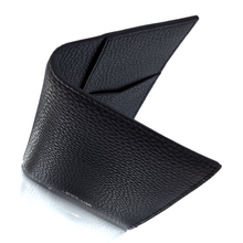 Load image into Gallery viewer, Angled top view of the black leather vertical wallet.