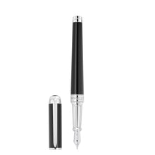 Load image into Gallery viewer, Front view of the black lacquer fountain pen with the cap set next to it.