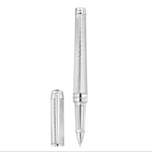 Load image into Gallery viewer, Front view of the palladium and guilloche rollerball pen with the cap next to it.