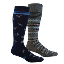 Load image into Gallery viewer, Two different pairs of socks, one navy blue with gray planes, another in gray with a holiday sweater pattern.