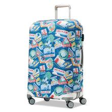 Load image into Gallery viewer, A luggage cover with a colorful city print design, including various landmarks and transportation-related graphics, fitted over a suitcase.