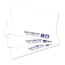 Load image into Gallery viewer, Three white RFID credit card sleeves with the Samsonite brand logo and RFID protection symbols on them.