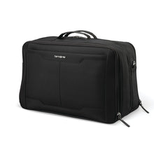Load image into Gallery viewer, Angled front panel view of the black duffle bag.