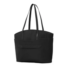 Load image into Gallery viewer, Angled back panel view of the black tote bag.
