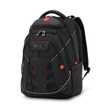 Load image into Gallery viewer, Angled front view of the black backpack.