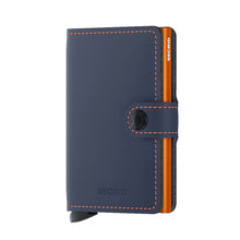 Load image into Gallery viewer, Angled front view of the blue and orange mini wallet.