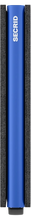 Load image into Gallery viewer, Side panel view of the black and blue slim wallet.