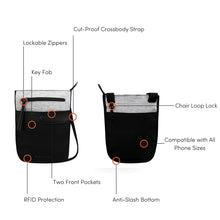 Load image into Gallery viewer, The bag with parts labeled: Lockable zippers, key fob, two front pockets, RFID protection, Chair loop lock, compatible with all phone sizes, anti-slash bottom.