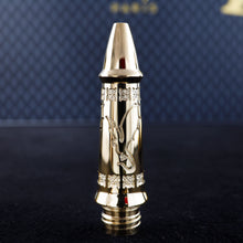 Load image into Gallery viewer, Close up to the rollerball attachment for the pen. The grip section is engraved with decorations and a dragon.