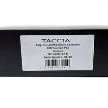 Load image into Gallery viewer, Close up to the box label with text: TACCIA Empress Limited Edition Collection, 18K Fountain Pen, Serpent, TEP-5395FSP-M, Serial Number: 01/18. The details will vary per pen purchased.