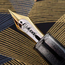 Load image into Gallery viewer, Close-up of a fountain pen nib with a gold and silver design on a textured background