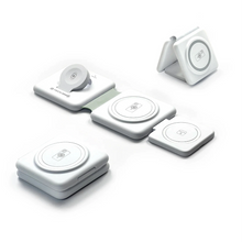 Load image into Gallery viewer, The three way charger collapsed, unfolded, and folded on a white background.