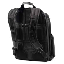 Load image into Gallery viewer, Angled back panel view of the black backpack. It features a padded back and adjustable shoulder straps.