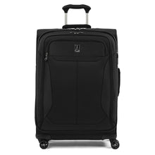 Load image into Gallery viewer, Front panel view of the black medium spinner suitcase. The telescopic handle is partly extended.