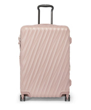 Load image into Gallery viewer, Front panel view of the mauve suitcase with black accents. It features a sleek design of diagonal ridges on the back and front panels.