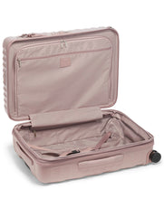Load image into Gallery viewer, Interior view of the suitcase showing a zipper-closing panel divider, organizational pockets, and a set of straps to hold your contents in place.