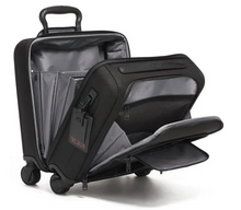 Load image into Gallery viewer, Angled front panel view of the briefcase with all the compartments opened.