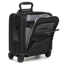 Load image into Gallery viewer, Angled view of the black briefcase with the two front pockets unzipped