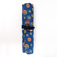 Load image into Gallery viewer, The blue Edo Komon kimono pen case rolled.