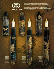 Load image into Gallery viewer, Taccia fountain pen set advertisement featuring three decorated pen bodies and matching cap lids with ornate nature illustrations including an owl, rooster, and eagle. The ad includes descriptive text for each pen model and the Taccia logo at the top.