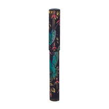 Load image into Gallery viewer, Front view of the Palisades Hummingbird Fountain Pen, featuring a black urushi background with a chinkin-styled two design of sky blue colored hummingbirds on the body and cap with pink flowers and yellow foliage.