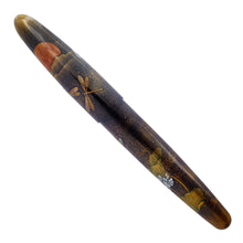 Load image into Gallery viewer, The Dawns Celebration fountain pen with the cap on. It features a black urushi background with fireflies, clouds, a red sun, and flora surrounding the barrel using gold dust, maki-e rankaku, and raden.