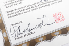 Load image into Gallery viewer, Close up to the Founder's signature and seal on the Double Dragons certificate.