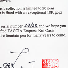 Load image into Gallery viewer, Close up to the certificate of the Empress Koi Oasis with the matching 3 of 20 number.