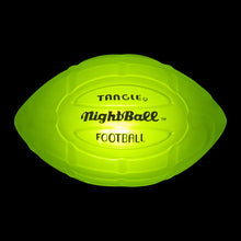 Load image into Gallery viewer, Front view of the lit up neon green Nightball Football on a dark background.