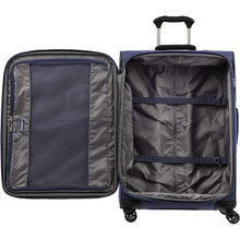 Load image into Gallery viewer, Interior view of the blue medium suitcase. The front panel has a zipper-closing pocket, and the main compartment a set of adjustable straps to hold your contents.