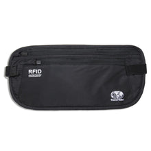 Load image into Gallery viewer, Front view of the black RFID waist pack on a white background. Two zippered compartments are available.
