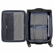 Load image into Gallery viewer, Interior view of the suitcase. The front panel side has a zipper-closing pocket and the back panel shows two packing cubes stored inside.