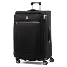Load image into Gallery viewer, Angled front panel view of the black suitcase with the telescopic handle partly extended.
