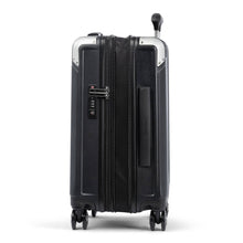 Load image into Gallery viewer, Side panel view of the suitcase with the expandable feature unzipped. It features a grab handle and a three-digit combination lock.