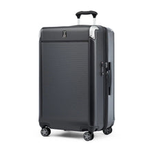 Load image into Gallery viewer, Angled front panel view of the suitcase with the telescopic handle partly extended.