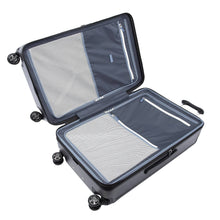 Load image into Gallery viewer, Interior view of the suitcase. Both panels feature a zipper-closing divider with pockets.