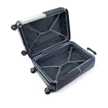 Load image into Gallery viewer, Interior view of the suitcase with the panel dividers shown unzipped. Each side features a set of adjustable straps to hold your contents.