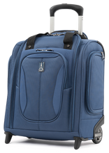 Load image into Gallery viewer, Angled front panel view of the blue underseater wheeled suitcase. The telescopic handle is partly extended.