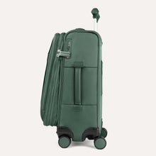 Load image into Gallery viewer, Side panel view of the green suitcase with the telescopic handle partly extended. It features a grab handle and a TSA approved three-digit combination lock.