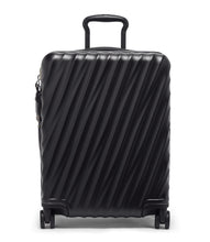 Load image into Gallery viewer, Front panel view of the black suitcase with the telescopic handle partly extended.