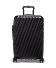 Load image into Gallery viewer, Front panel view of the suitcase with the telescopic handle partly extended.